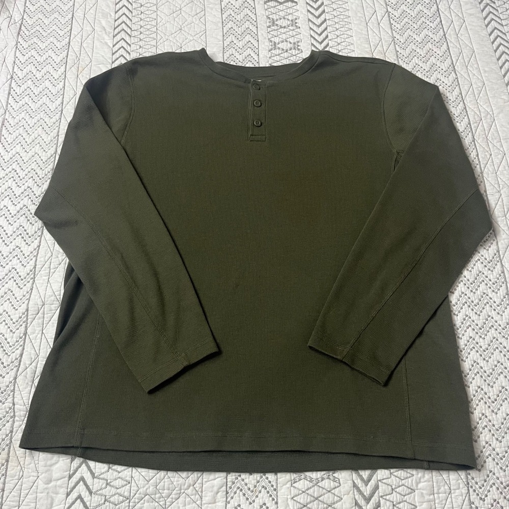 Magellan Outdoors Base Camp Mens 2XL Olive Green Waffle Knit Henley Shirt